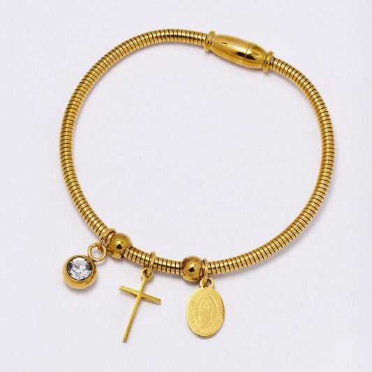 SSYB7208 - Steel 57mm x 3mm cross & Lady of Guadalupe flexi bangle with magnetic closure