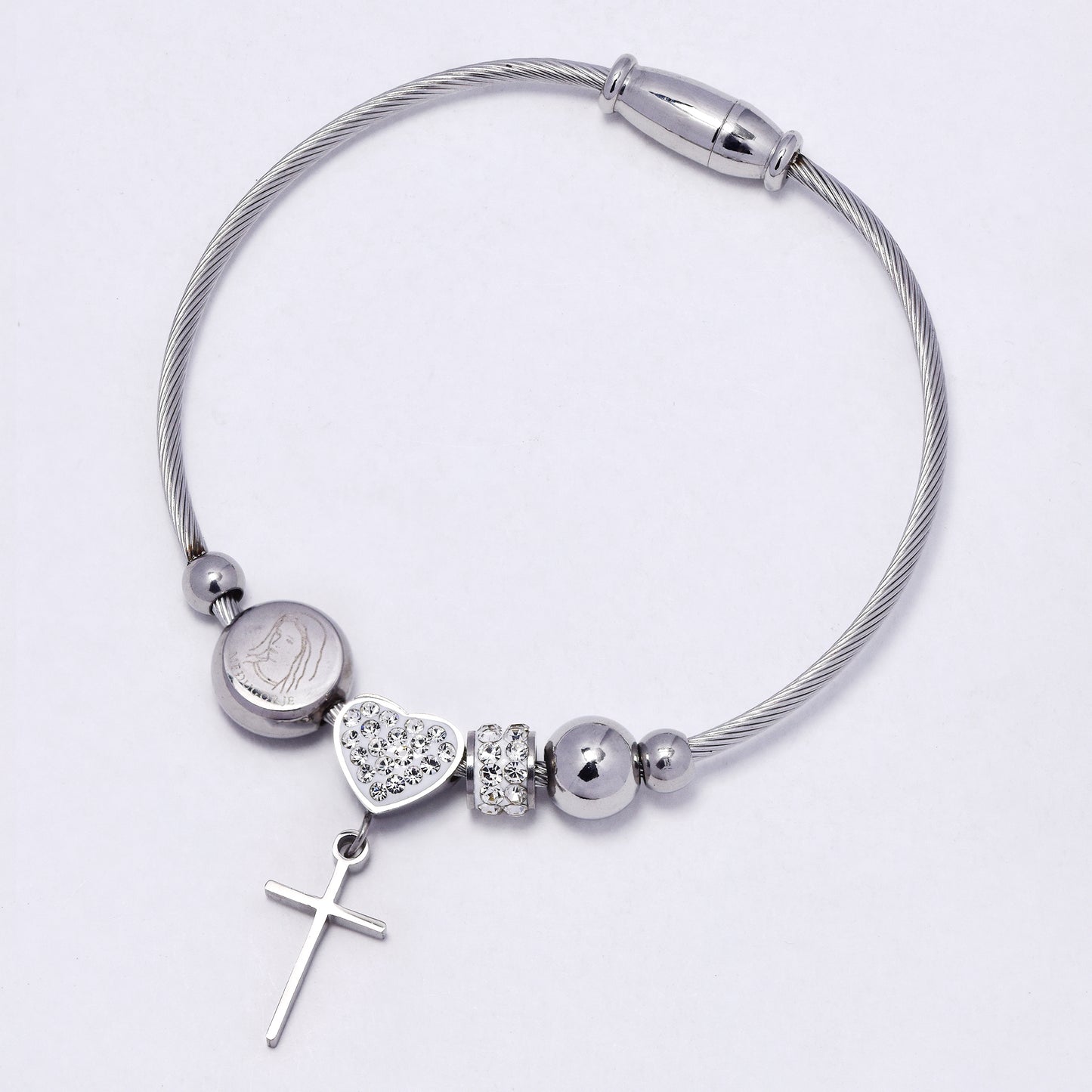 SSYB7209 - Steel 58mm x 2mm CZ & heart cross Queen of Peace wire bangle with magnetic closure