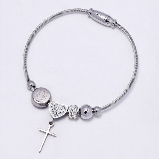 SSYB7209 - Steel 58mm x 2mm CZ & heart cross Queen of Peace wire bangle with magnetic closure