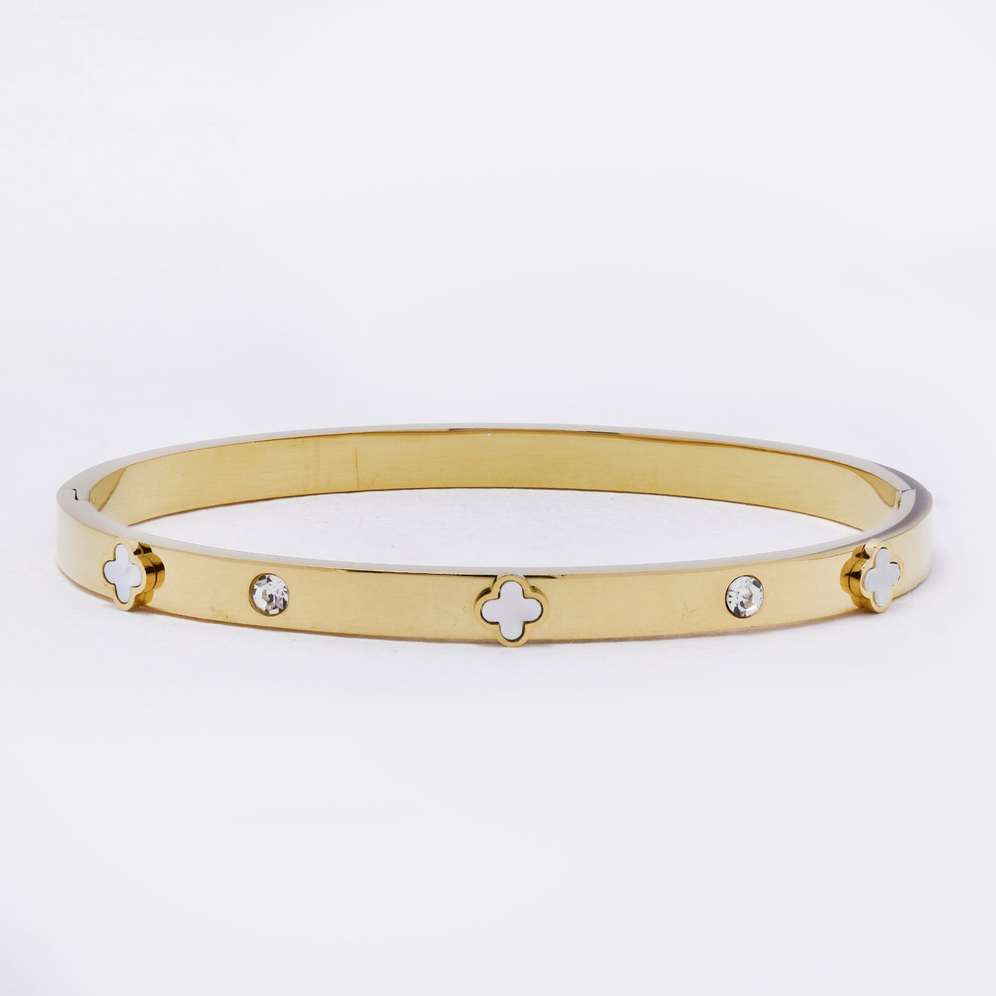 SSYB7245 - Steel 61mm x 50mm x 5mm CZ and clover hinged bangle