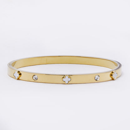 SSYB7245 - Steel 61mm x 50mm x 5mm CZ and clover hinged bangle