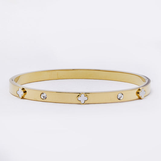 SSYB7245 - Steel 61mm x 50mm x 5mm CZ and clover hinged bangle