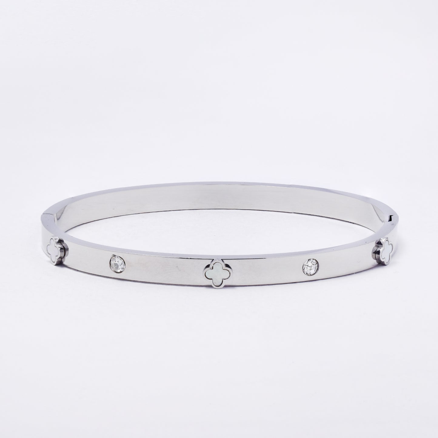 SSYB7245 - Steel 61mm x 50mm x 5mm CZ and clover hinged bangle