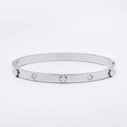 SSYB7245 - Steel 61mm x 50mm x 5mm CZ and clover hinged bangle