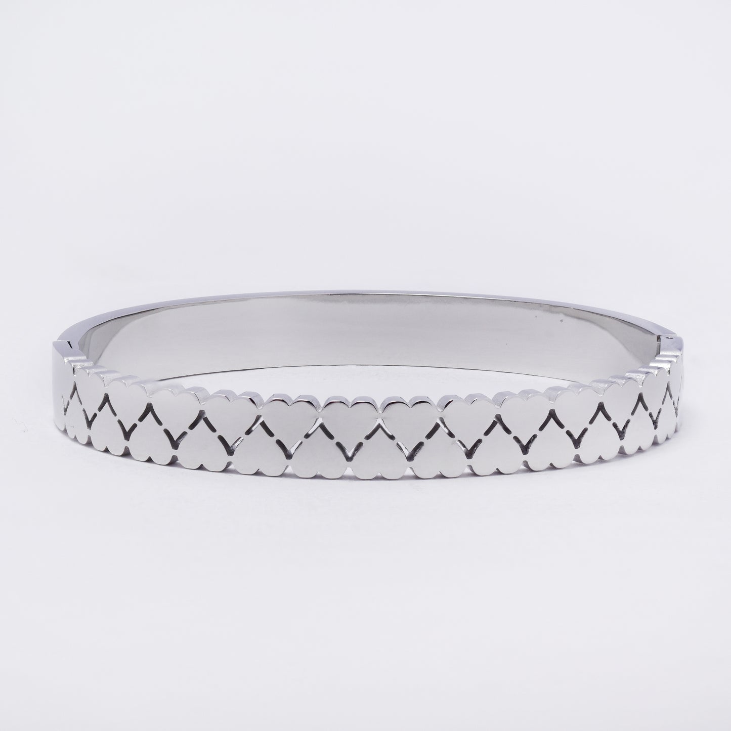SSYB7254 - Steel 60mm x 50mm x 8mm double heart hinged bangle