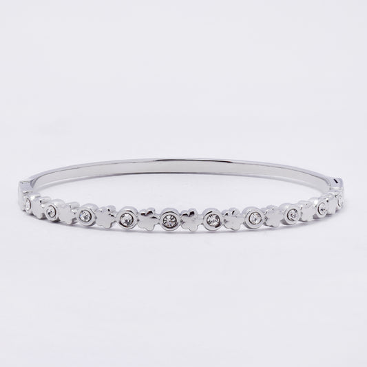 SSYB7256 - Steel 59mm x 50mm x 4mm CZ and flower hinged bangle