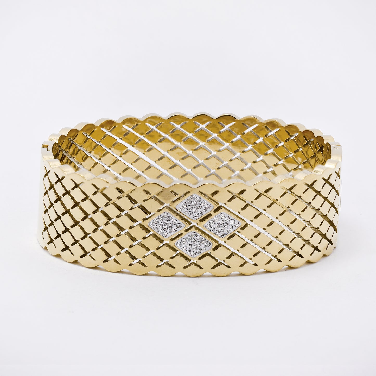 SSYB7266 - Steel 59mm x 51mm x 20mm CZ latiice hinged bangle