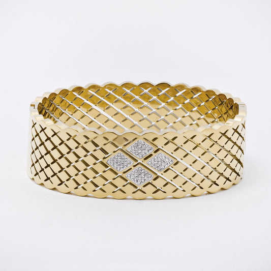 SSYB7266 - Steel 59mm x 51mm x 20mm CZ latiice hinged bangle