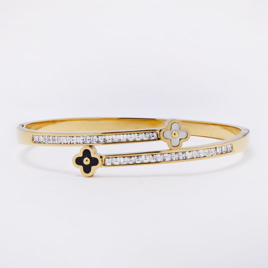 SSYB7268 - Steel 59mm x 51mm x 14mm clover and CZ hinged bangle