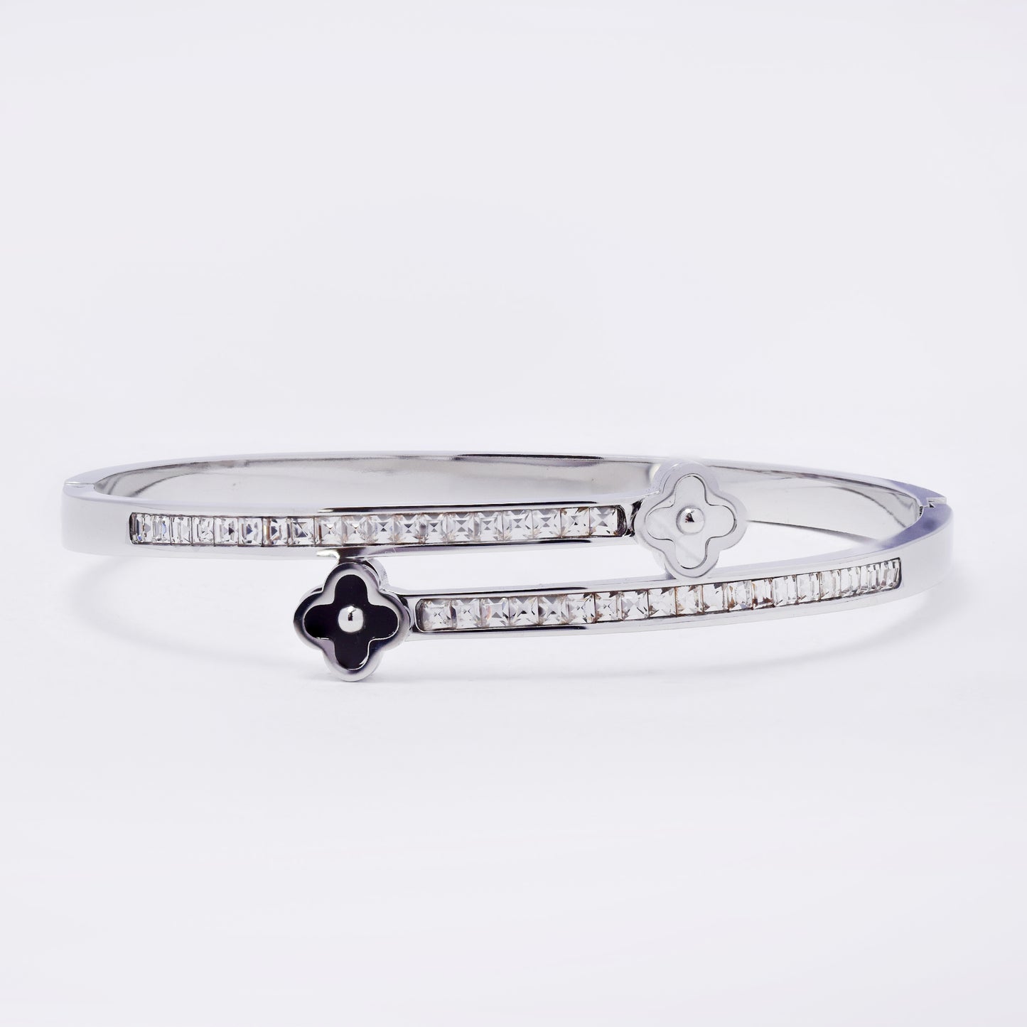 SSYB7268 - Steel 59mm x 51mm x 14mm clover and CZ hinged bangle