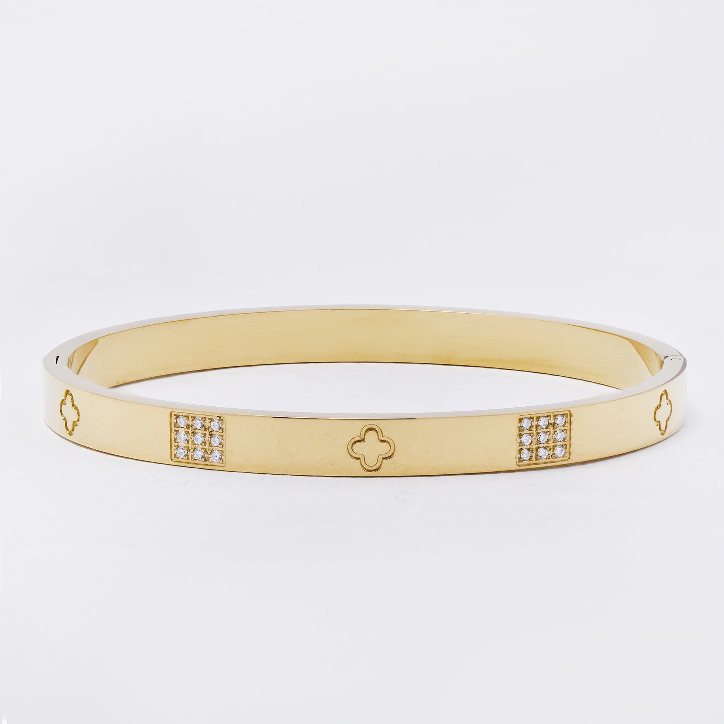 SSYB7269 - Steel 60mm x 50mm x 6mm clover & CZ  hinged bangle