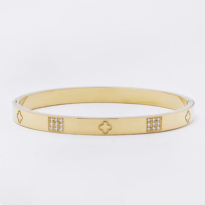 SSYB7269 - Steel 60mm x 50mm x 6mm clover & CZ  hinged bangle