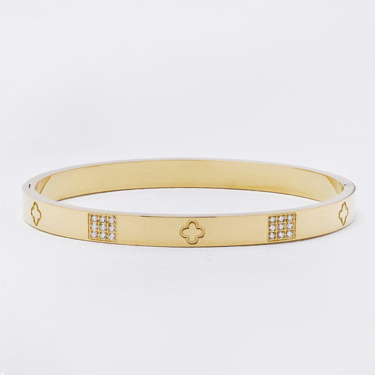 SSYB7269 - Steel 60mm x 50mm x 6mm clover & CZ  hinged bangle