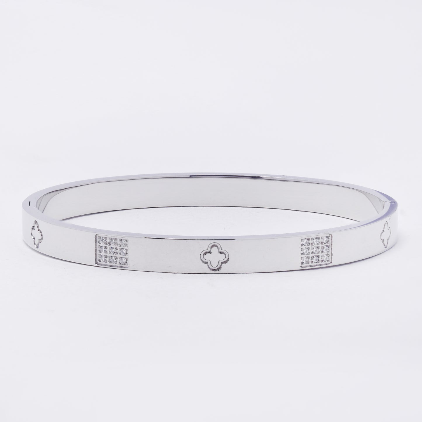 SSYB7269 - Steel 60mm x 50mm x 6mm clover & CZ  hinged bangle
