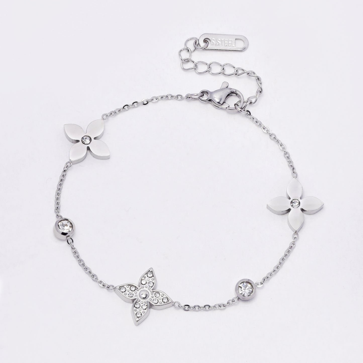 SSYB7279 - Steel 16cm + 4cm CZ flower bracelet
