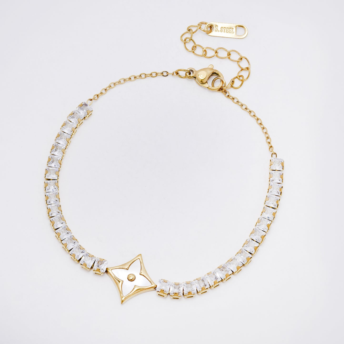 SSYB7280 - Steel 18cm + 4cm shell flower tennis bracelet