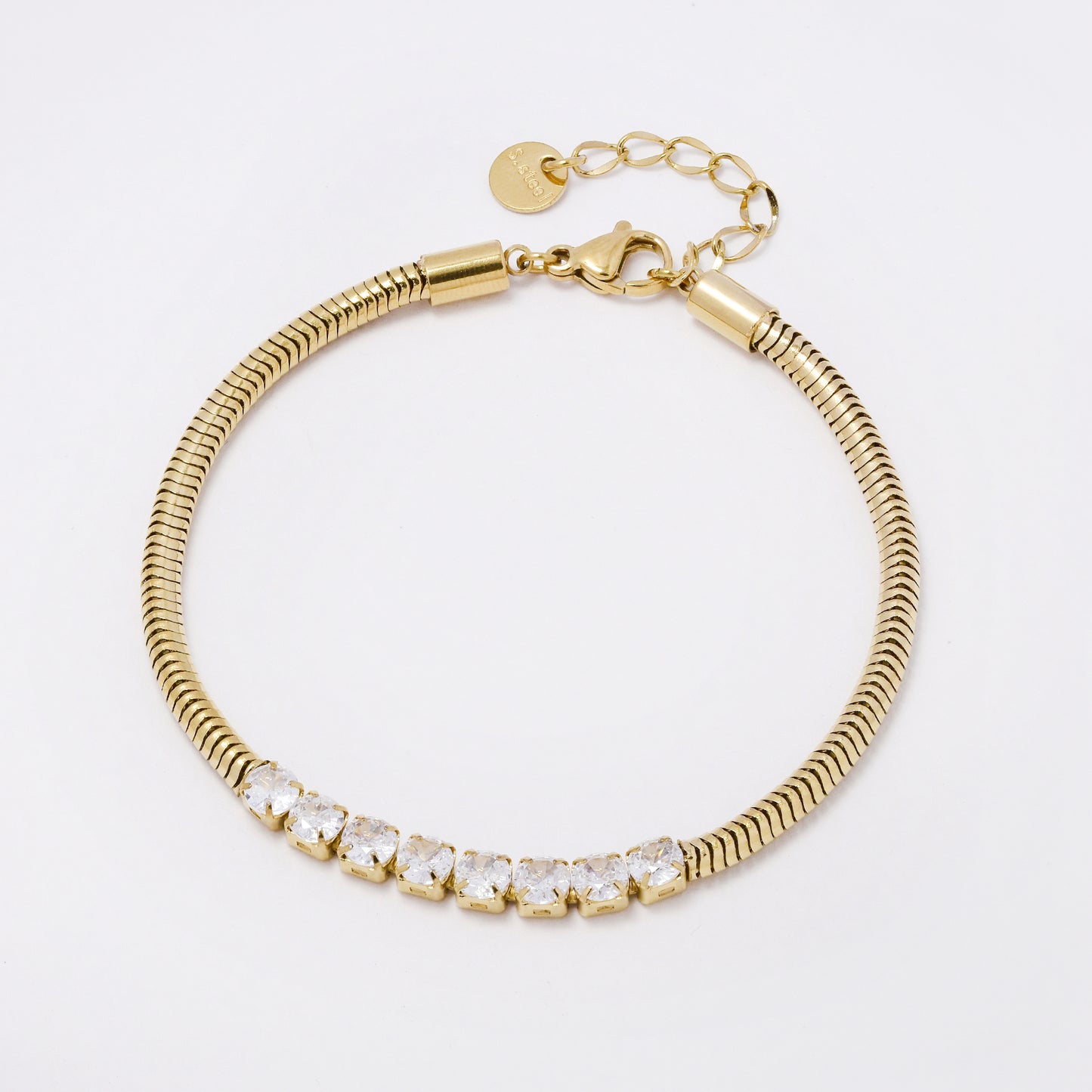 SSYB7353 - Steel 17cm + 3cm x 3mm CZ snake chain bracelet