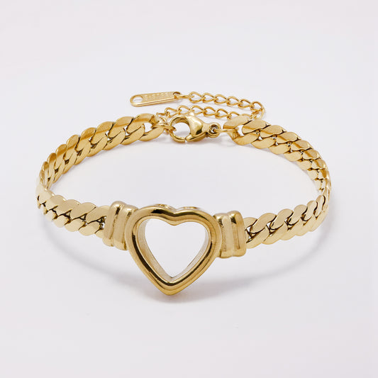 SSYB7374 - Steel 16cm + 5cm tight curb bracelet with open heart