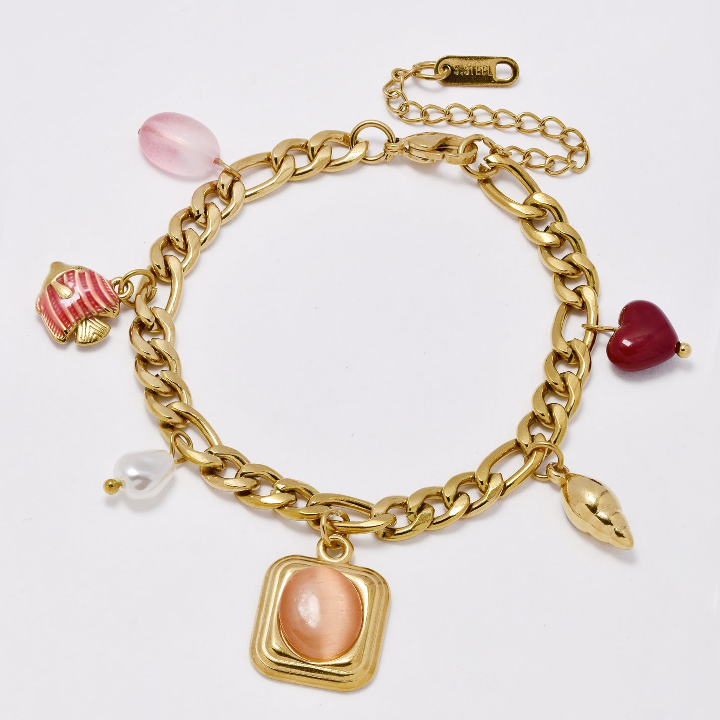 SSYB7396 - Steel 19cm + 5cm x  6mm sea life & gem figaro bracelet