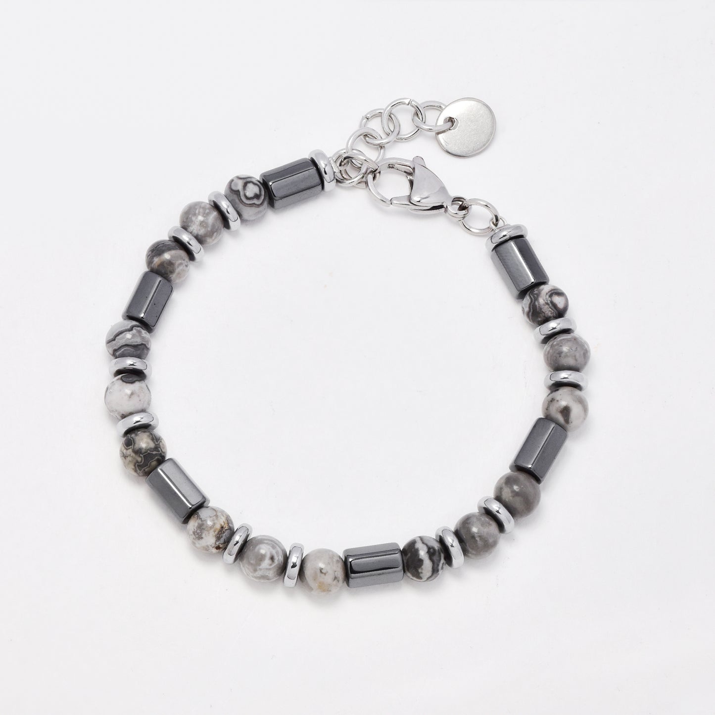 SSYB7772 - Steel 18cm + 3cm x 6mm natural stone beaded bracelet