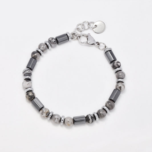 SSYB7772 - Steel 18cm + 3cm x 6mm natural stone beaded bracelet
