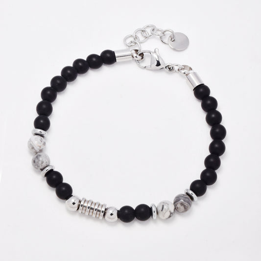 SSYB7773 - Steel 21cm + 2.5cm x 7mm natural stone beaded bracelet