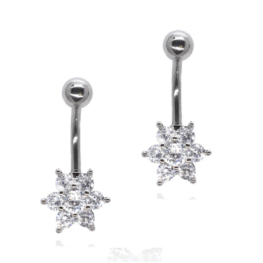 2 Pack Stainless steel flower with cubic zirconia belly ring - SSYBJ2276