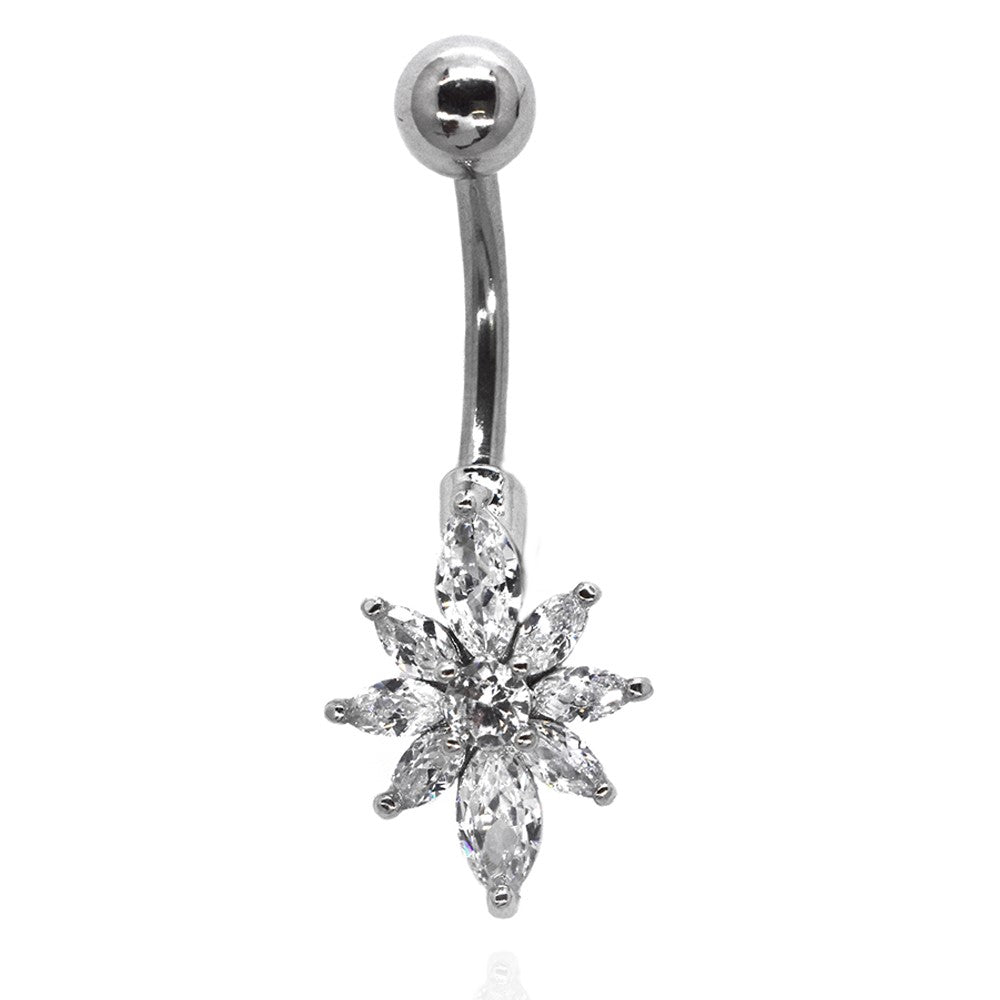 Stainless steel flower shaped belly ring with cubic zirconia