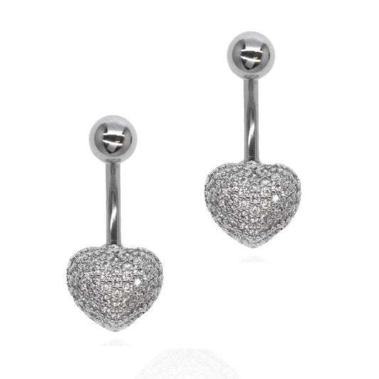 2 pack Stainless steel heart shape belly ring with pave cubic zirconia