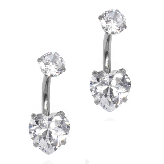 2 Pack Stainless steel heart cubic zirconia belly ring