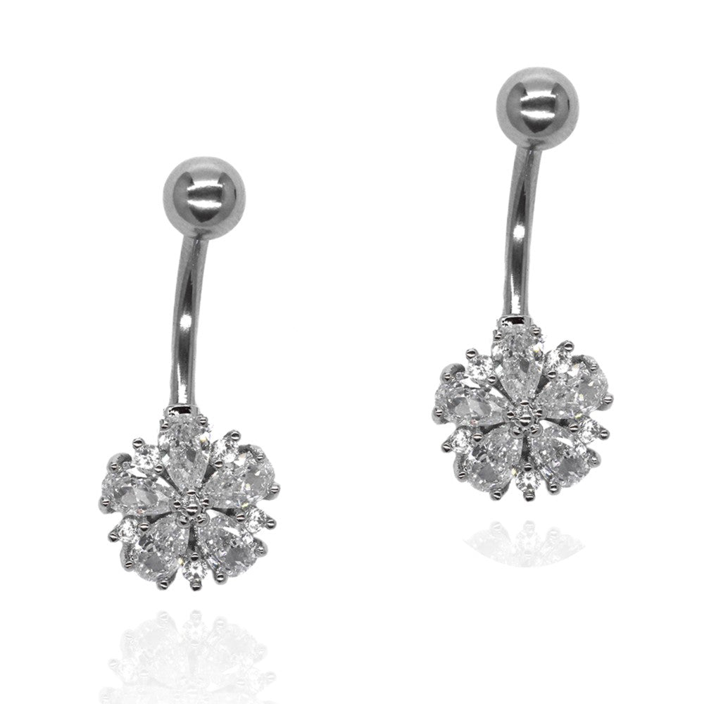 Stainless steel flower cubic zirconia belly ring