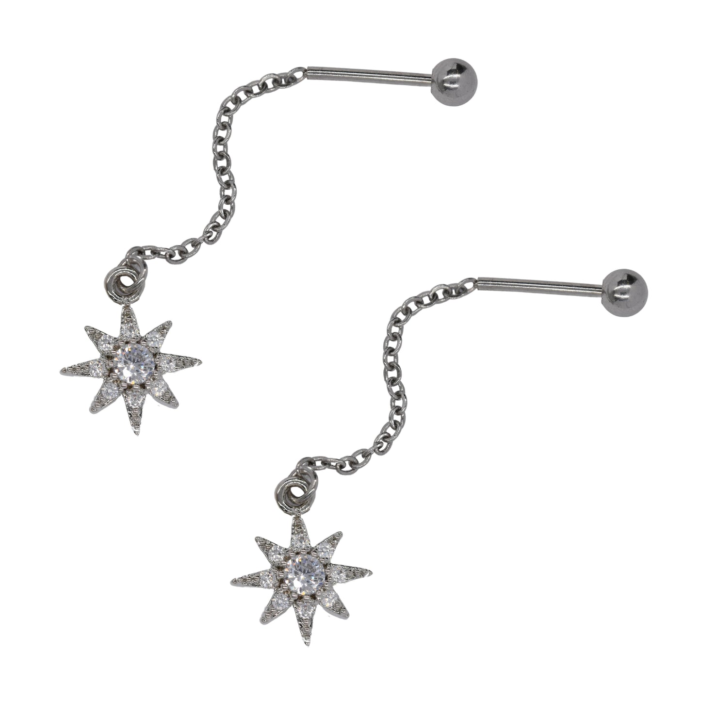 2 pack stainless steel cartilage chain with cubic zirconia star