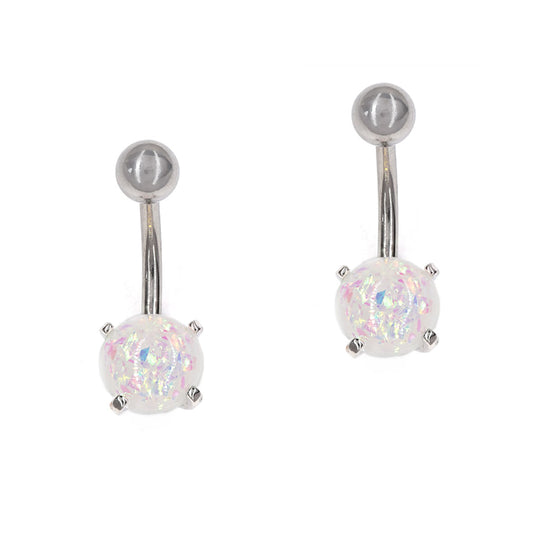 2 Pack Stainless steel white speckled bead belly ring