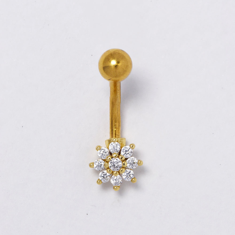Stainless steel cubic zirconia gold flower belly ring