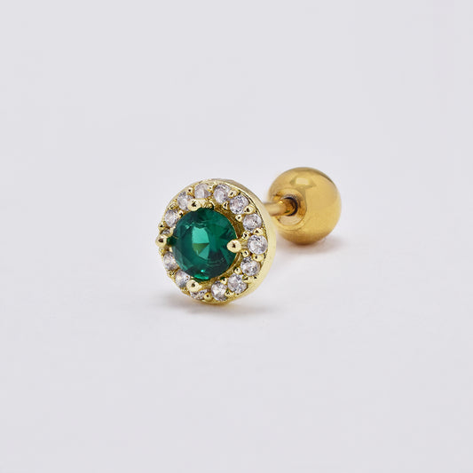 Stainless steel round green cubic zirconia cartilage piercing with ball closure - SSYBJ4854
