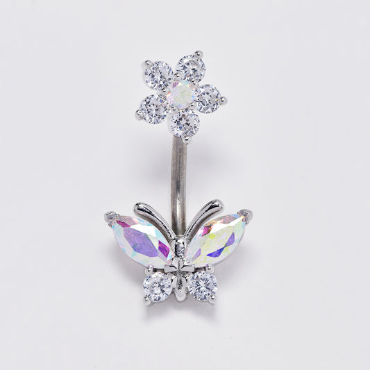 Stainless steel cubic zirconia flower and butterfly belly ring