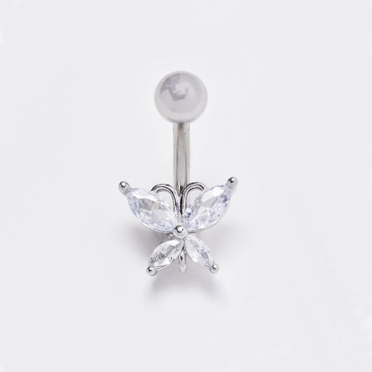Stainless steel cubic zirconia flower belly ring with ball closure