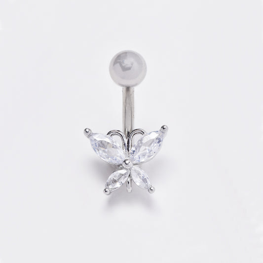 Stainless steel cubic zirconia flower belly ring with ball closure - SSYBJ4857
