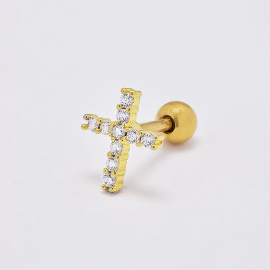 Stainless steel cubic zirconia cross cartilage piercing with ball closure - SSYBJ4865