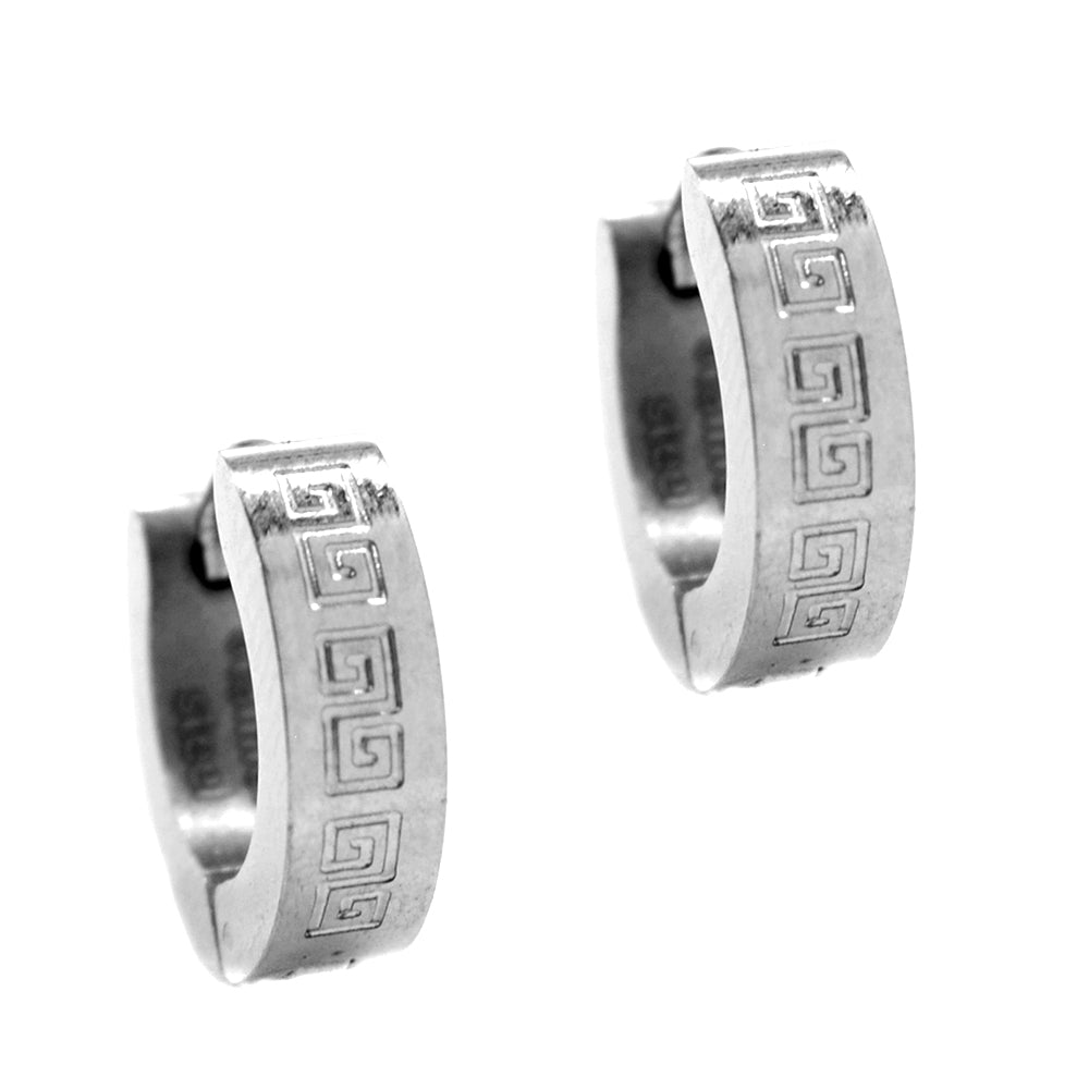 Stainless steel Grecian pattern huggie - SSYE048