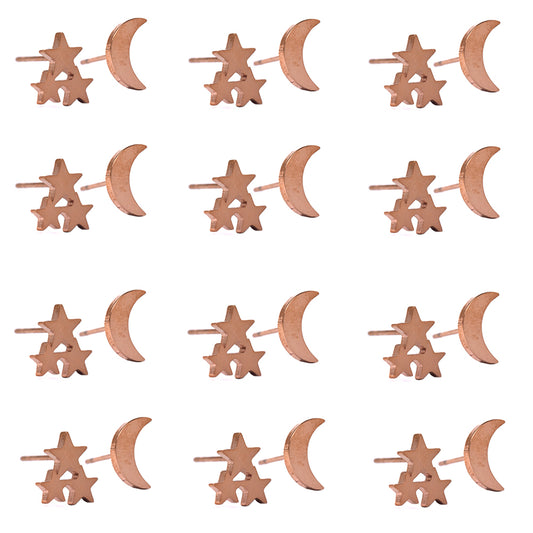 12 Pack Stainless steel rose gold moon and 3 star mismatch stud   moon: L10mm x 2mm star: 8mm - SSYE2121