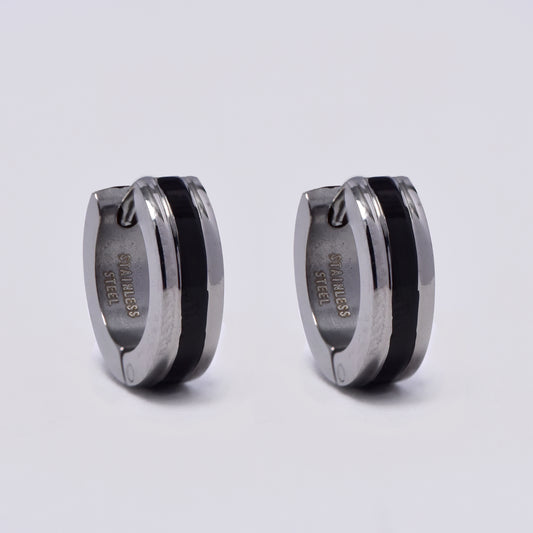 Stainless steel silver and black huggie earrings - SSYE288