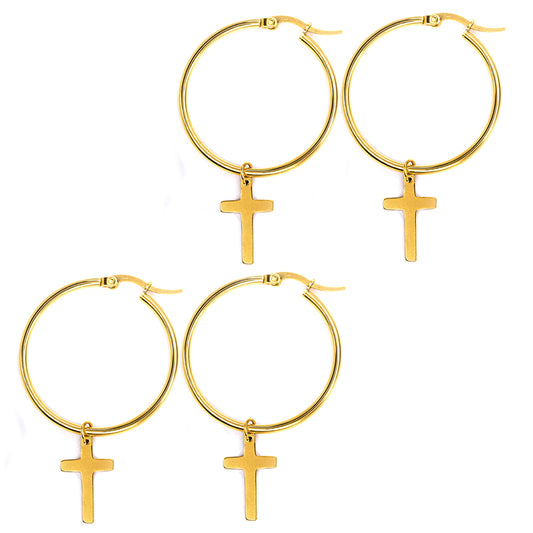 2 Pack Stainless steel 35mm hoop with 18mm x 11mm cross charm earring