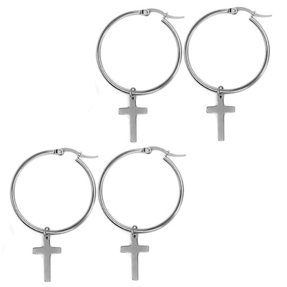 2 Pack Stainless steel 35mm hoop with 18mm x 11mm cross charm earring - SSYE3082