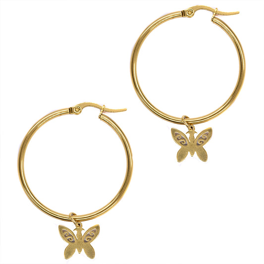 2 Pack Stainless steel gold 35mm hoop with 10mm x 12mm butterfly charm earring - SSYE3086
