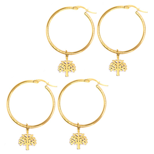 2 Pack Stainless steel 35mm hoop with 15mm x 12mm tree of life charm earring - SSYE3087