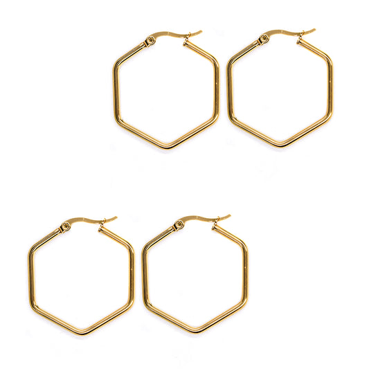 2 Pack Stainless steel 35mm gold hexagon shaped hoop earring - SSYE3089