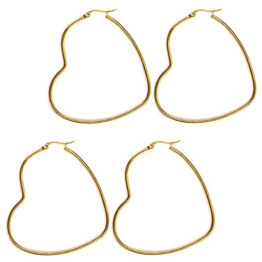 2 Pack Stainless steel gold heart 55mm x 55mm hoop earring - SSYE3099