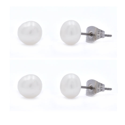 2 Pair 7mm white Freshwater pearls with Stainless steel posts earring - SSYE3116
