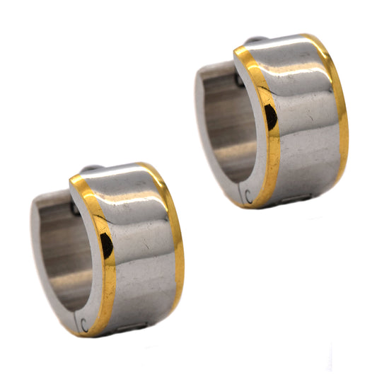 Stainless steel gold stripe edge broad huggies - SSYE3528I